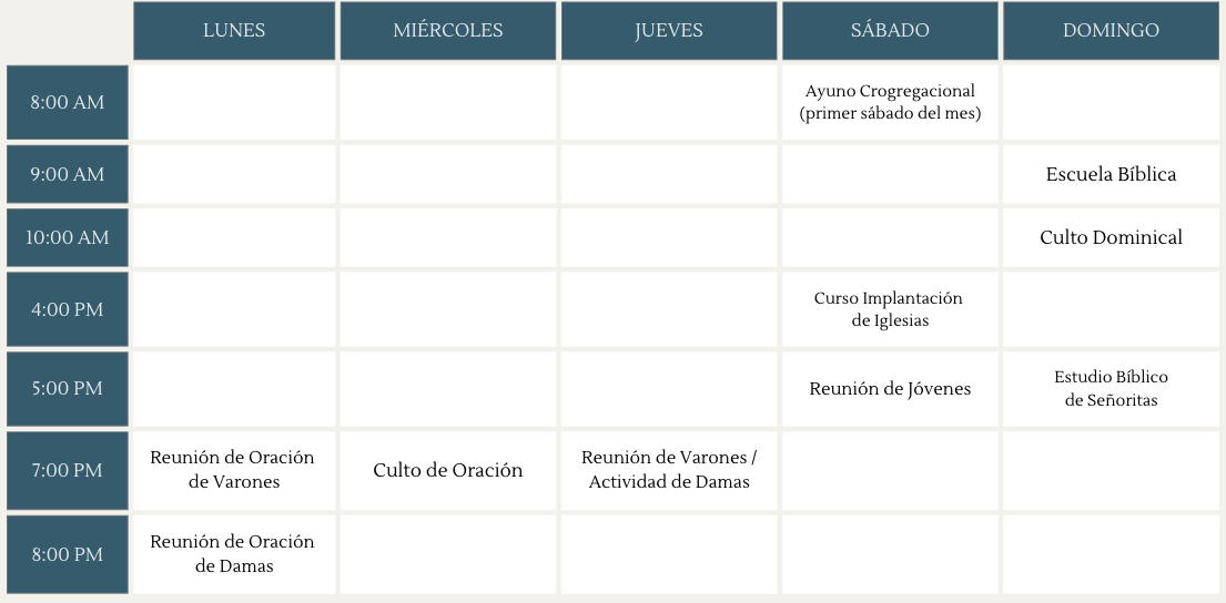Calendario semanal de actividades de la iglesia